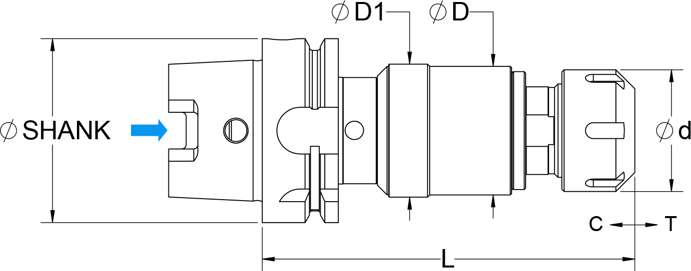 SynchroFlex® II Tap Holder with HSK Shank, ER Collet, and Internal Coolant.