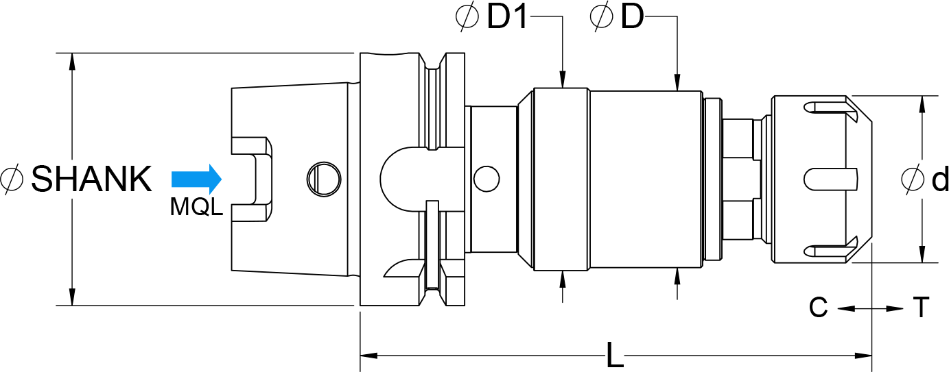 SynchroFlex® II Tap Holder with HSK SHANK, ER Collet, and MQL, Minimum Quantity Lubrication.